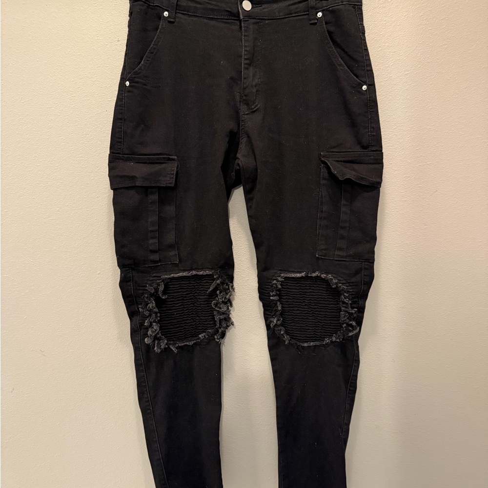 Black Distressed Cargo Pants